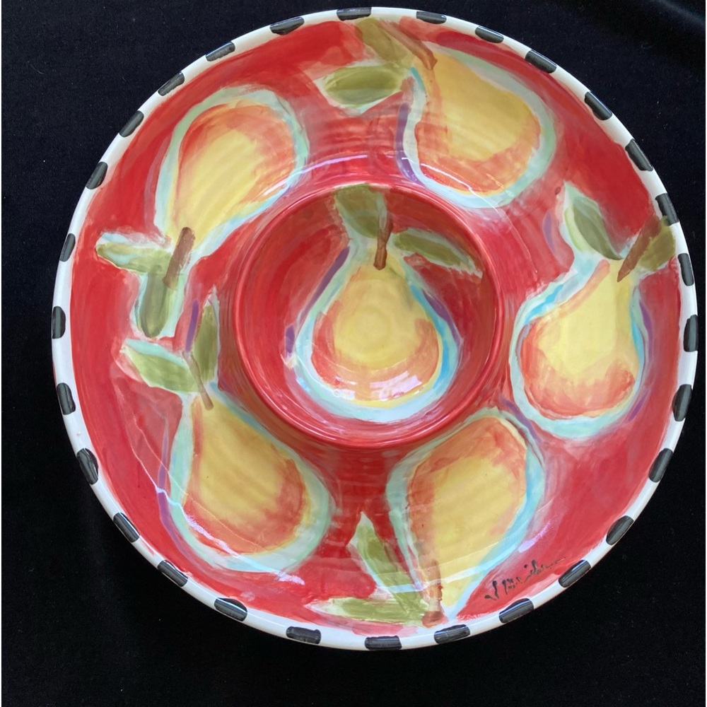 Hand painted Ceramic Chip And Dip Pears On Scarlet 12” Original Design